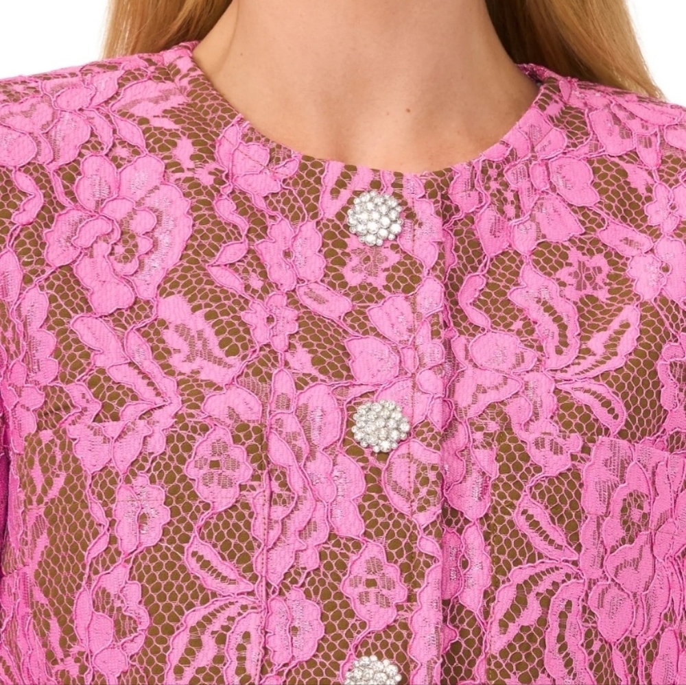 CeCe Antique Olive W/Pink Lace/ Rhinestone Button Cropped Collarless Jacket: XS - Picture 4 of 16
